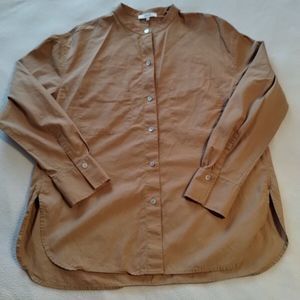 Vince Button Up Blouse Long Sleeve Tan Medium Women's Cotton Silk Inside Pockets